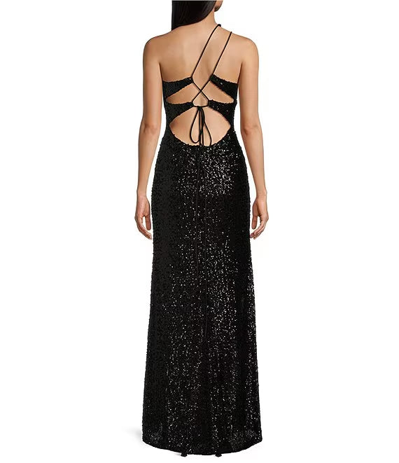 One shoulder hollowed out lace up with front slit and long sequin prom dress